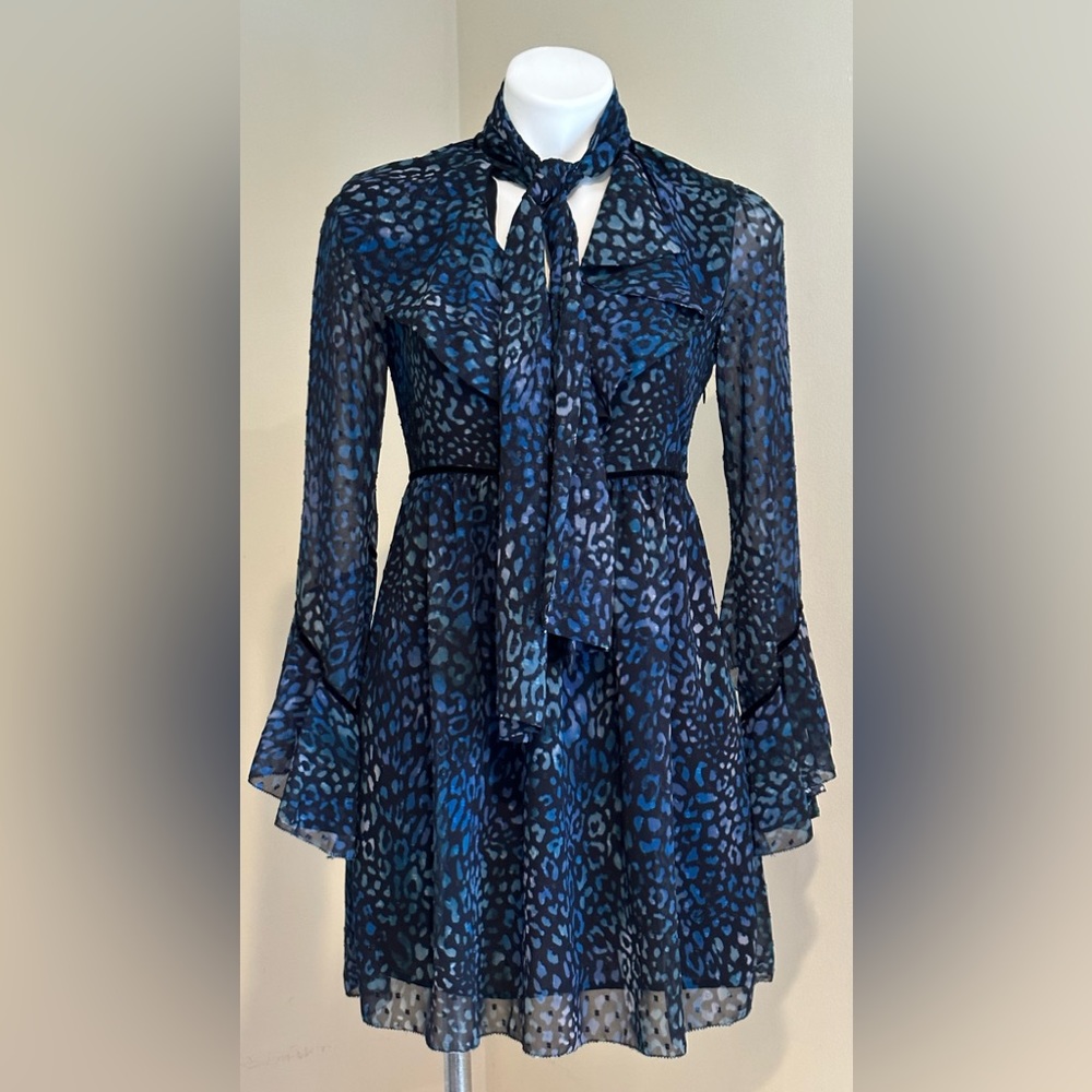 Laundry By Shelli Segal  Blue Cheetah Chiffon Sheer Mini Dress Tie On Neck